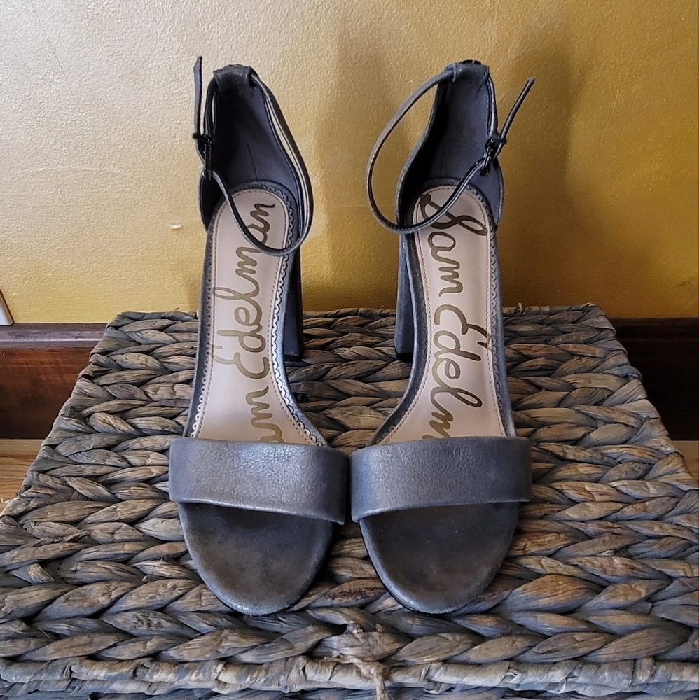 Sam Edelman Gray/Pewter Metallic Ankle-Strap Block 4" Heel Sz 7